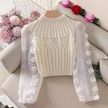 1 шт. круглый вырез трикотажный тонкий теплый женский плотный свитер с рукавами-фонариками сетчатая строчка топы пуловер