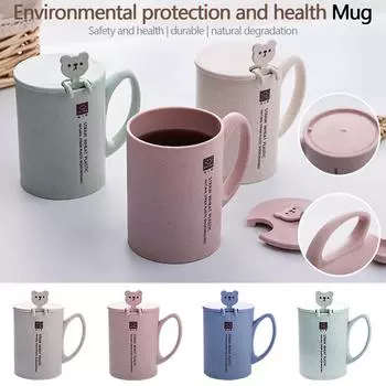 1 шт. кружка мультфильм милый кофе хлопья чашка для воды для завтрака с крышкой и ложкой бежевый