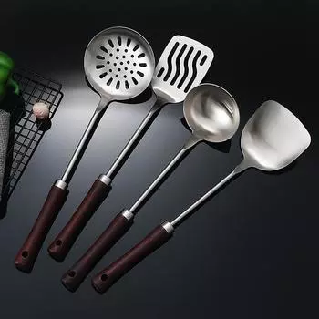 1 шт., кухонная утварь, лопатка из нержавеющей стали, плоская лопатка, ложка, дуршлаг, деревянная ручка, домашняя кухонная лопатка для приготовления пищи A