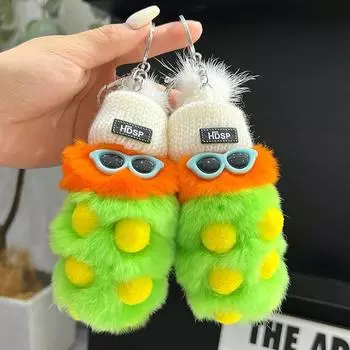 1 шт. кулон в виде гусеницы, уродливый, милый, настоящий мех кролика-выдры, милый, сумка, подвеска, новый автомобильный брелок, плюшевая кукла, многоцветный