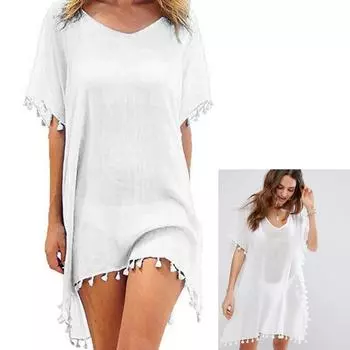 1 шт. купальник бикини летняя свободная пляжная одежда платье круглый вырез пляжный чехол кисточка женский шифоновый купальник женская одежда белый