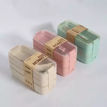 1 шт. квадратный пластиковый ланч-бокс из трех пшеничных соломенных волокон для студентов и взрослых со столовыми приборами