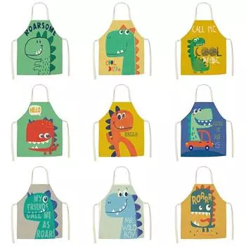 1 шт. льняной фартук с принтом динозавра из мультфильма, обеденный нагрудник, кухонный фартук для приготовления пищи, выпечки, барбекю, фартук с защитой от пятен, аксессуары для уборки дома 47x38cm