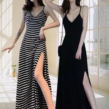 1 шт. летнее платье-футляр с разрезом, пляжное платье, облегающее платье из полиэстера, элегантное полосатое платье без рукавов с v-образным вырезом M