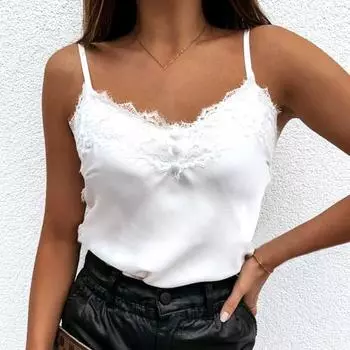 1 шт., летний женский сексуальный базовый кружевной жилет, повседневный без рукавов, маленький свежий шелковый крутой M чёрный