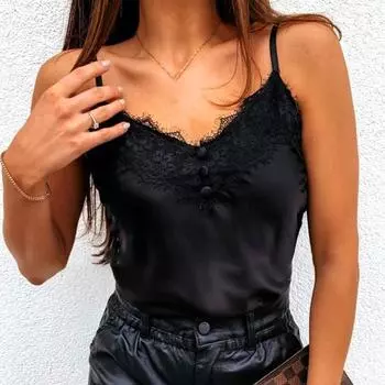 1 шт., летний женский сексуальный базовый кружевной жилет, повседневный без рукавов, маленький свежий шелковый крутой M чёрный