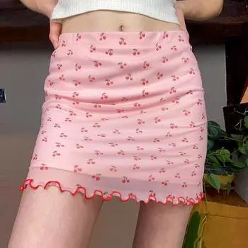 1 шт., лоскутные юбки с вишневым принтом, двухслойные прямые короткие юбки, мини-сетка Y2K L