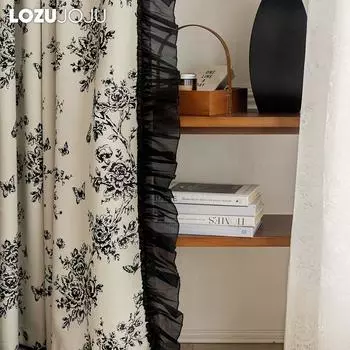 1 шт. LOZUJOJU 70-80% степень затемнения европейская ретро-печатная оборчатая кромка затемняющая штора для спальни гостиной домашнего декора W100cm x L130cm чёрный