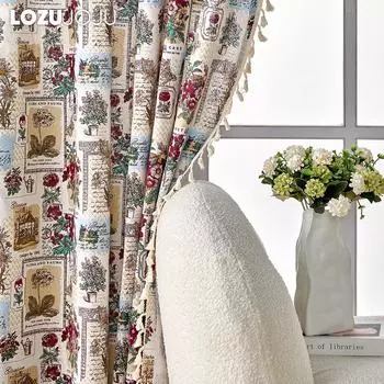 1 шт. LOZUJOJU полузатемняющие хлопковые льняные набивные шторы в стиле ретро с кисточками для маленьких окон, балкона, спальни, гостиной, домашнего декора W150cm x L60cm