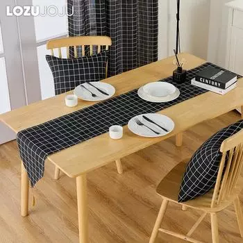1 шт. LOZUJOJU простая и универсальная черная клетчатая набивная хлопковая льняная скатерть для обеденного стола, декора кухни, домашнего стола, домашнего декора W30cm x L140cm чёрный