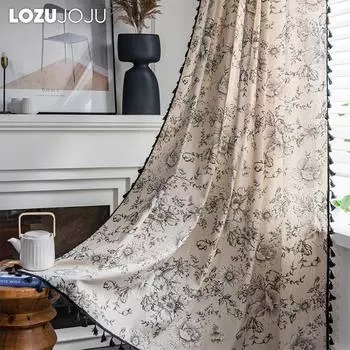 1 шт. LOZUJOJU, средне-античный стиль, черно-белые хлопковые и льняные занавески с принтом, полузатемняющиеся шторы с кисточками для маленьких окон, балкона, домашний декор W150cm x L60cm чёрный
