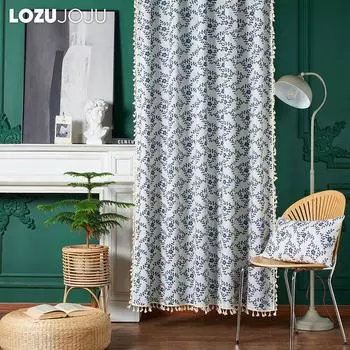 1 шт. LOZUJOJU в китайском стиле с белой кисточкой и принтом цветущей сливы, полузатемняющие шторы и перегородки для небольших окон, балкона, домашнего декора W150cm x L60cm синий