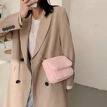 1 шт., маленькая квадратная сумка с милой волосатой цепочкой, плюшевая женская сумка, маленькая полукруглая сумка, сумка через плечо для девочек, простая и универсальная сумка через плечо белый