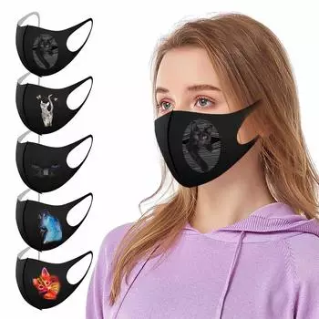 1 шт. Маска для лица с принтом кошки для взрослых, моющаяся, с ушными петлями Free Size