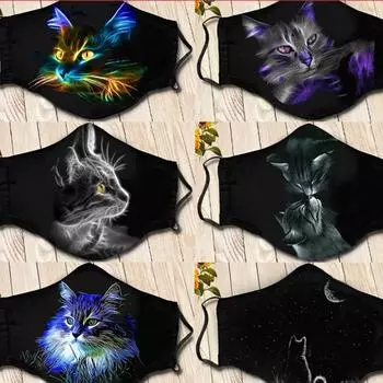 1 шт., маски для лица с мультяшным котом, моющиеся многоразовые защитные маски для взрослых с принтом кота, забавные маски для лица чёрный