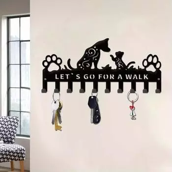 1 шт. Металлический держатель для ключей с изображением кошки и собаки, настенная железная вешалка для ключей, органайзер для ключей с поводком в виде питомца, для входной двери, кухни, прихожей чёрный