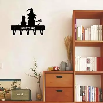 1 шт. Металлический держатель для ключей «Ведьма и кошка», настенный крючок, декоративные аксессуары для настенного монтажа, брелок чёрный