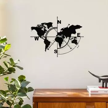 1 шт. металлический компас с картой мира - стильный настенный декор, металлический знак и настенное искусство с картой мира для элегантного украшения дома чёрный