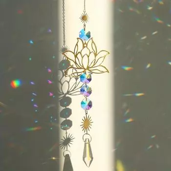 1 шт., металлический лотос и искусственный кристалл, ловец солнца, подвеска ручной работы, подвеска с колокольчиком для дома, украшение для садовых растений