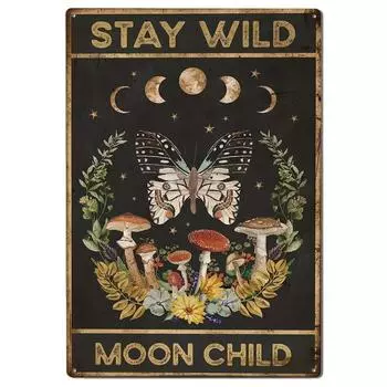 1 шт. Металлический знак в виде гриба, винтажный декор комнаты в стиле хиппи, настенный декор Stay Wild Moon Flower для спальни, ванной комнаты, 12 x 8 дюймов чёрный