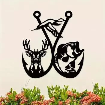 1 шт. Металлическое настенное искусство, металлический настенный знак «Охотничий рыболовный крючок», настенный декор для охотников, подвесной декор для комнаты для охоты чёрный