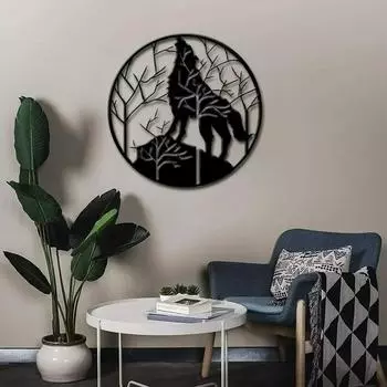 1 шт. Металлическое настенное искусство «Волк» – дизайн деревьев и гор, современная скульптура для декора стен в деревенском стиле и офиса чёрный