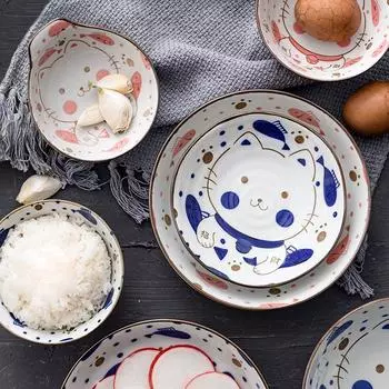 1 шт. Милая керамическая тарелка для кошек, японский дизайн с изображением котенка, столовая посуда, миска для рисовой лапши, обеденная тарелка, соусница 4,5/5,5/6,5/7 дюймов