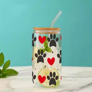 1 шт. Милая кошачья лапка, красная наклейка с надписью «Любовь», 16 унций, прозрачное стекло, чашка для сока, кофе, молока, подходит для холодных напитков летом 16oz