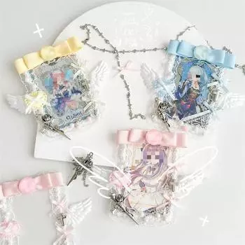 1 шт. Милая кружевная обложка для фотокарточки Kpop, шикарный корейский стиль Y2K, бант, лента, крылья, держатель для автобусной карты, кавайная пленка для студенческого удостоверения личности розовый