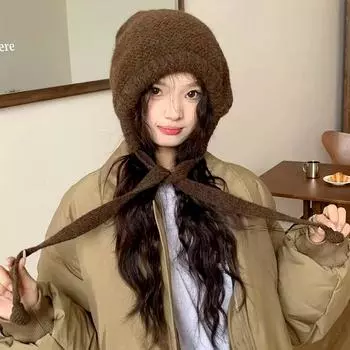 1 шт. Милая модная вязаная шапка, мягкая плюшевая зимняя теплая шапка-пуловер, защитная шапка с капюшоном, завязывающаяся на ремешке, многослойная шапка