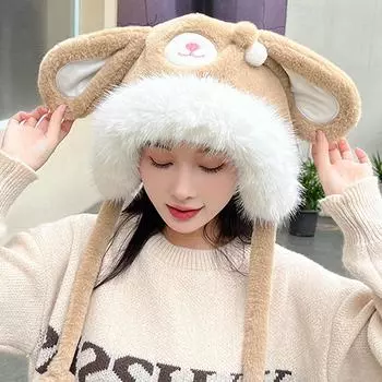 1 шт. Милая шапка с ушками медведя, новая женская зимняя шапка со шнуровкой, симпатичная кепка-ведро, бархатная защита ушей, модная шерстяная шляпа-ведро одного размера A6