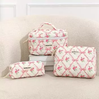 1 шт. Милая стеганая хлопковая косметичка для женщин на молнии, органайзер для косметики, мягкая тканевая сумка в форме коробки, переносной чехол для туалетных принадлежностей для девочек, косметичка