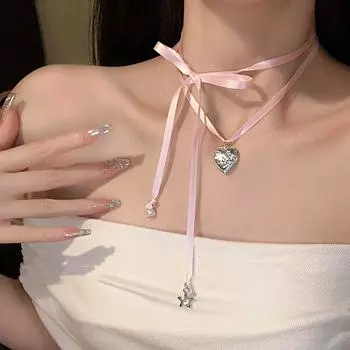1 шт., милое колье-чокер с лентой, двухслойное кулон в форме сердца, модное Y2K Sweet на шнуровке розовый
