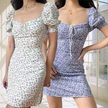 1 шт., милое мини-короткое платье Dree, платье с цветочным принтом, женское платье из полиэстера с пышными рукавами, повседневная вечеринка M абрикосовый