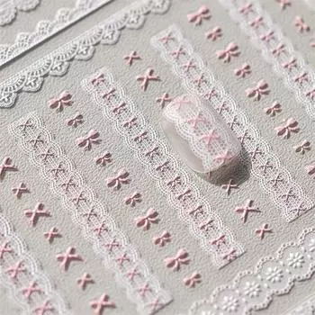 1 шт. милые кружевные наклейки для ногтей с бантом, сердечки, розовые, белые, черные кружевные банты, самоклеящиеся украшения для ногтей, наклейки, аксессуары to3493