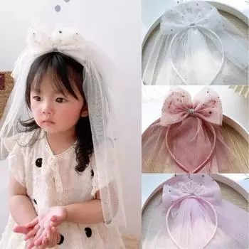 1 шт., милые повязки для волос принцессы для маленьких девочек, вуаль в стиле ретро, бант, корона, жемчужный обруч для волос, головной убор для дня рождения, детский головной убор