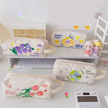 1 шт., милый пенал Kawaii с вышивкой, цветочным земным пеналом, тканевый, большой емкости, сумка для хранения ручек, студенческие канцелярские принадлежности