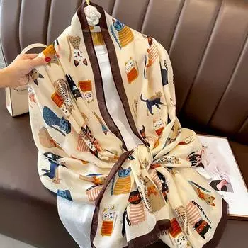 1 шт. модная бандана с рисунком кошки 180x90 см, солнцезащитная шаль с кисточками, мягкая хлопковая повязка на голову, шарф с принтом животных, глушитель бежевый