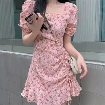 1 шт., модное мини-платье, кружевное короткое платье из полиэстера с цветочным принтом, летнее платье с квадратным вырезом и воротником S розовый