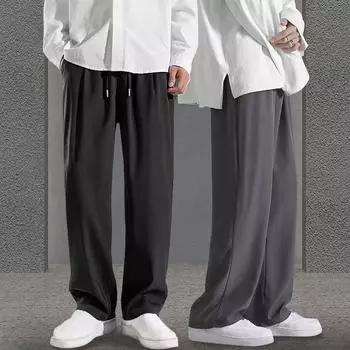1 шт. модные брюки из полиэстера, прямые брюки, широкие брюки из ледяного шелка, сплошной цвет, тонкий шнурок L чёрный
