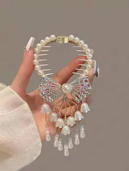 1 шт. Модные изысканные заколки для волос с искусственным жемчугом, кисточкой, хрустальным бантом и колокольчиком для женщин, девочек, для вечеринки, аксессуары для волос