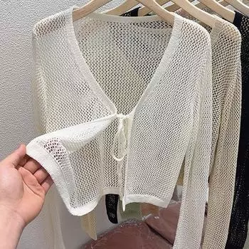 1 шт. модные летние топы с v-образным вырезом и длинными рукавами для защиты от солнца, вязаный кардиган с вырезами чёрный