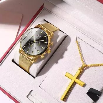 1 шт. Модные мужские часы из нержавеющей стали с календарем, мужские спортивные часы, кварцевые мужские часы и 1 шт. Ожерелье с крестом