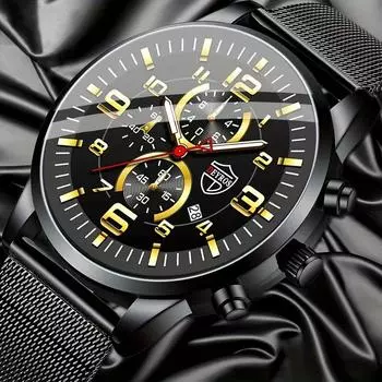 1 шт. Модные мужские деловые кварцевые часы с календарем, мужские часы из нержавеющей стали с сетчатым ремешком и коробкой, лучшие подарки для него