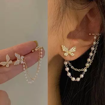 1 шт. модные серьги-клипсы с имитацией жемчуга и цепочкой, модные серьги-манжеты в виде бабочки без пирсинга для женщин, длинные серьги в стиле панк 2000 года, подарок на вечеринку