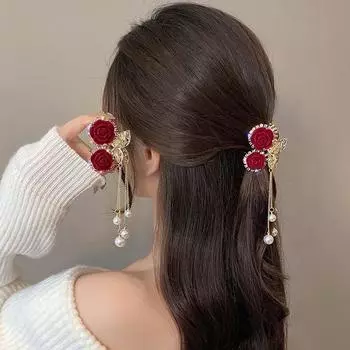 1 шт., модные женские заколки для волос с искусственным жемчугом, ретро-аксессуары для волос для девочек, флокированные кисточки, цветок розы