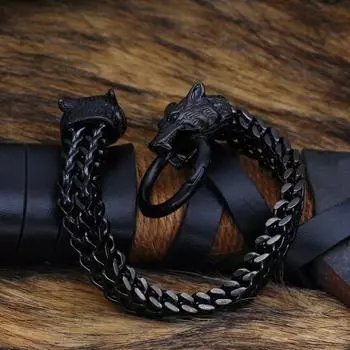 1 шт., модный черный золотой браслет из нержавеющей стали, винтажный браслет с головой волка викингов, мужской лучший подарочный браслет 19cm чёрный