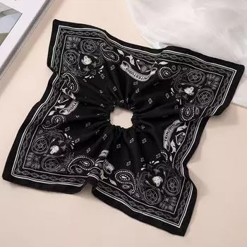 1 шт. модный ретро квадратный платок с принтом цветы кешью , резинка для волос типа большая кишка , ретро джинсово-синий уличный стиль, нишевая резинка для волос