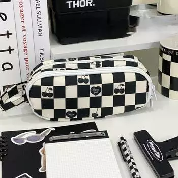 1 шт. модный студенческий пенал классический шахматная доска канцелярские принадлежности сумка-карандаш черный, белый цвет большая вместительная сумка для хранения скрапбукинга