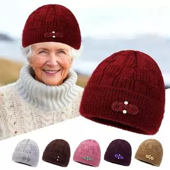 1 шт. мягкая утолщенная шапка-бини для мам, ветрозащитная зимняя вязаная шапка с цветочной аппликацией для среднего возраста, сохраняющая тепло